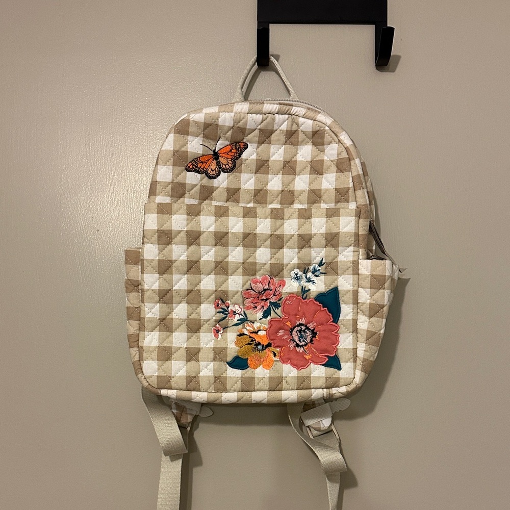 Vera Bradley Tan Checkered Backpack with Floral and Butterfly Design NWT